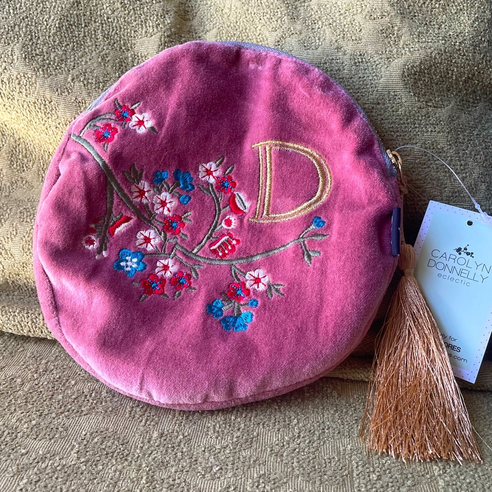 Embroidered Initial D Velvet Pouch Tassel